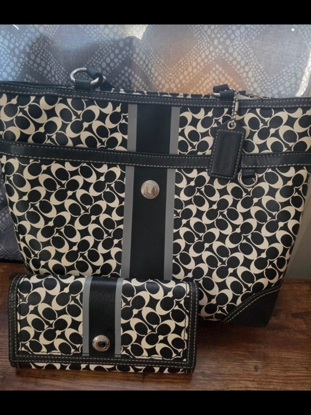 Coach Chelsea Heritage Black & White Signature Stripe Tote and Wallet